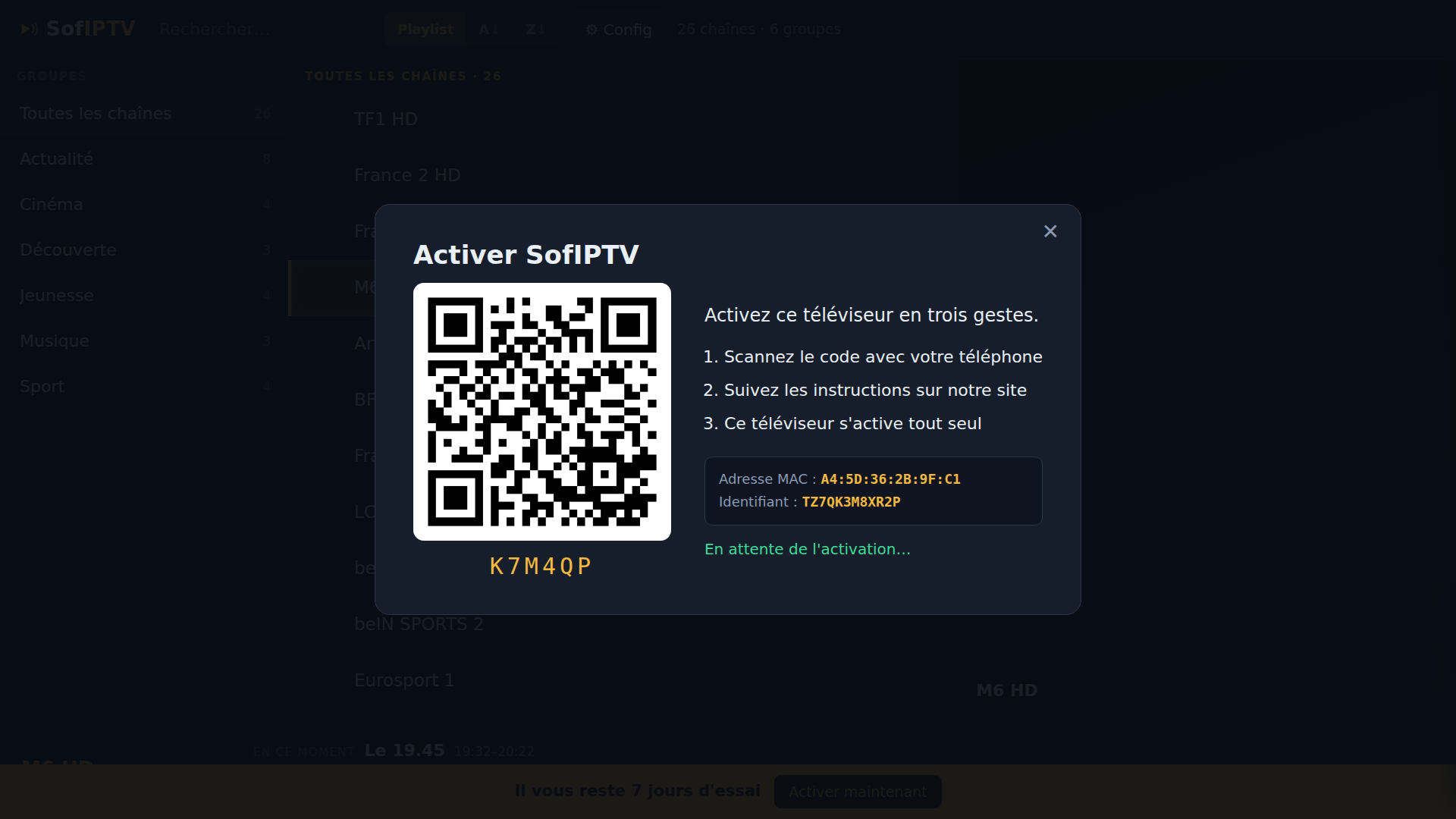 Écran d'activation avec QR code