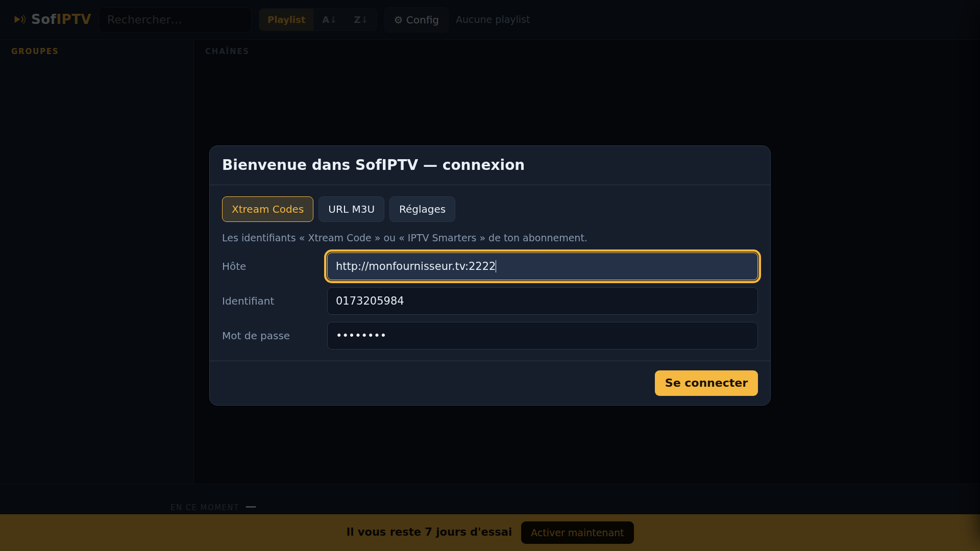 Connexion SofIPTV par Xtream Codes, URL M3U ou portail
