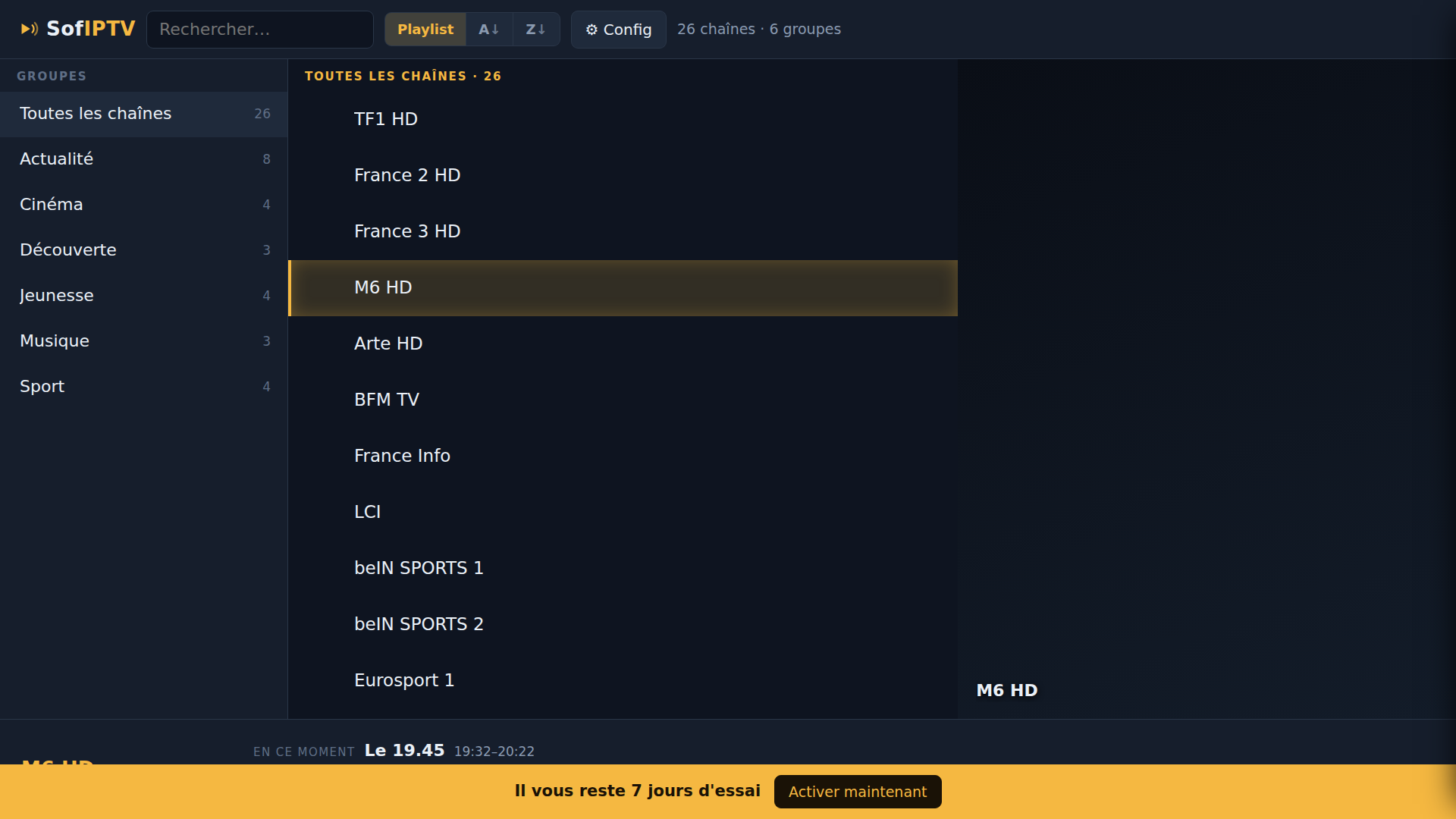 SofIPTV sur Smart TV avec groupes, chaînes, programme EPG et aperçu vidéo